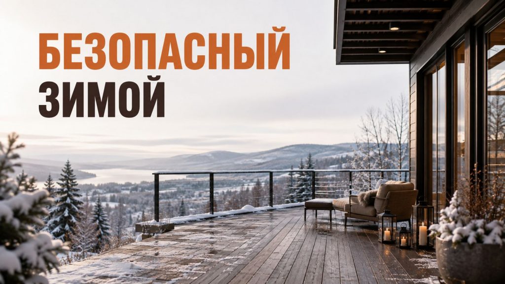 Терраса из ДПК, покрытая слоем снега, зимний день