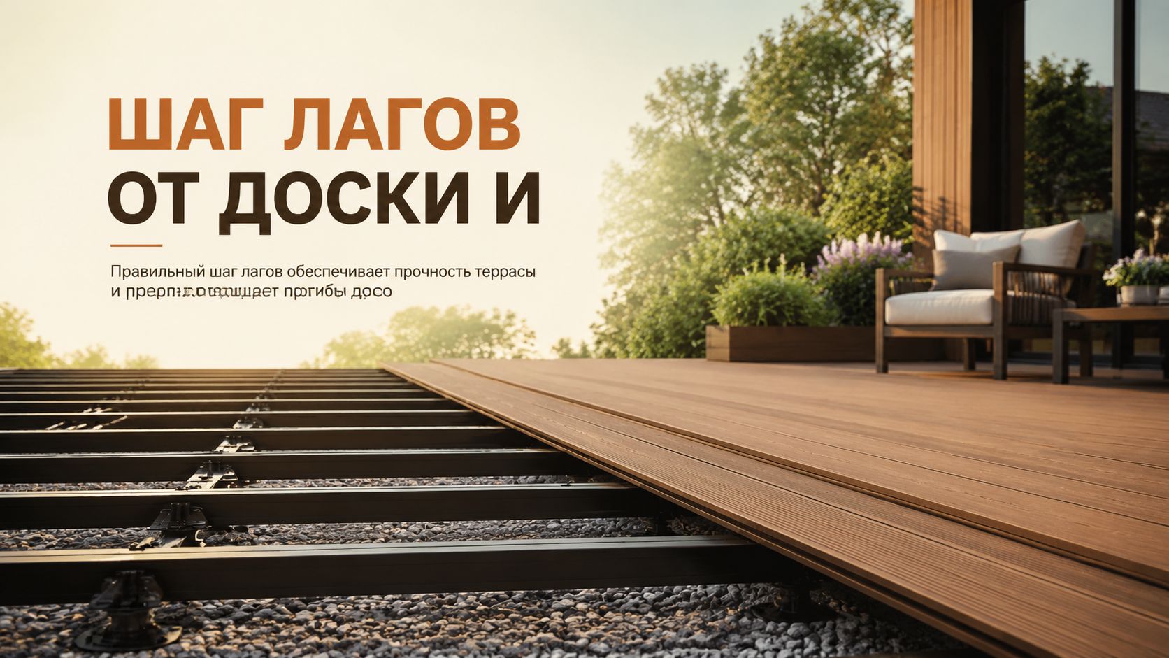 Открытый каркас лаг переходит в настил террасы. Терраса у современного дома: слева видны открытые лаги на опорах, справа уложены коричневые доски; поверх изображения размещён загол