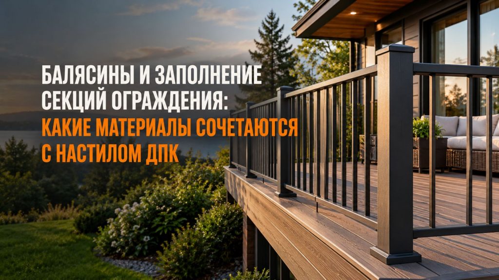 Терраса из ДПК с металлическим ограждением и балясинами на фоне сада