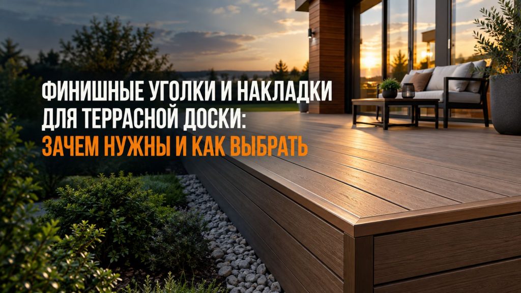 Финишный угловой профиль из ДПК на торце террасного настила у ступени