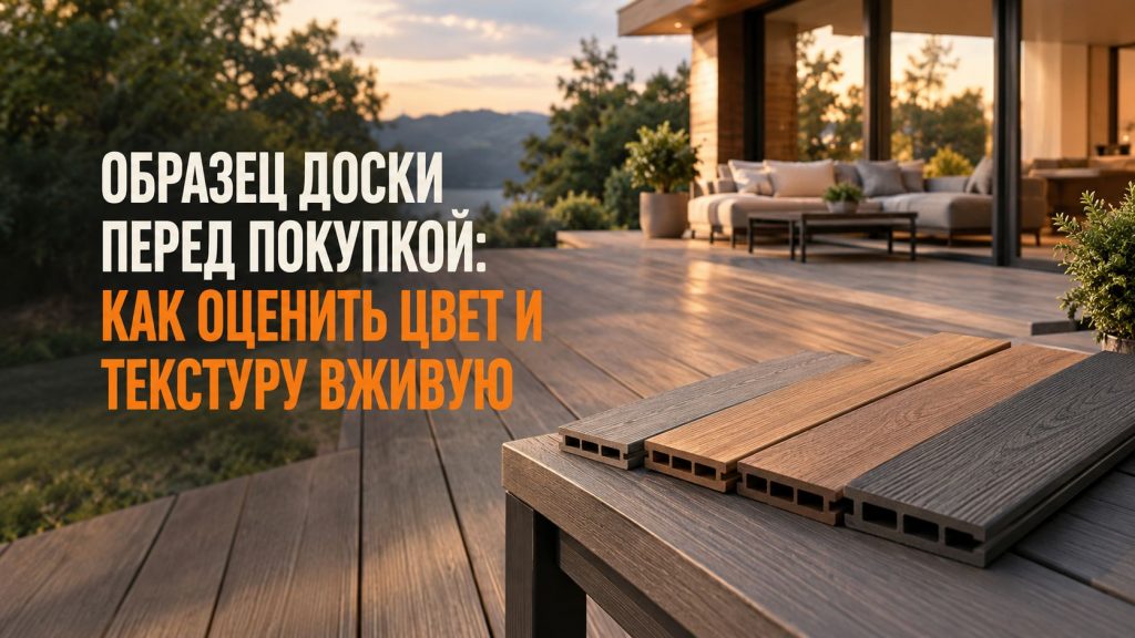 Образцы террасной доски ДПК разных оттенков при дневном освещении на открытой площадке