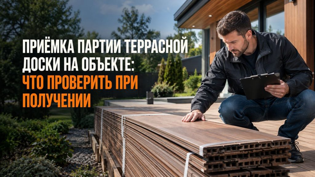 Рабочий осматривает пачки террасной доски на поддоне у грузового автомобиля на строительном объекте