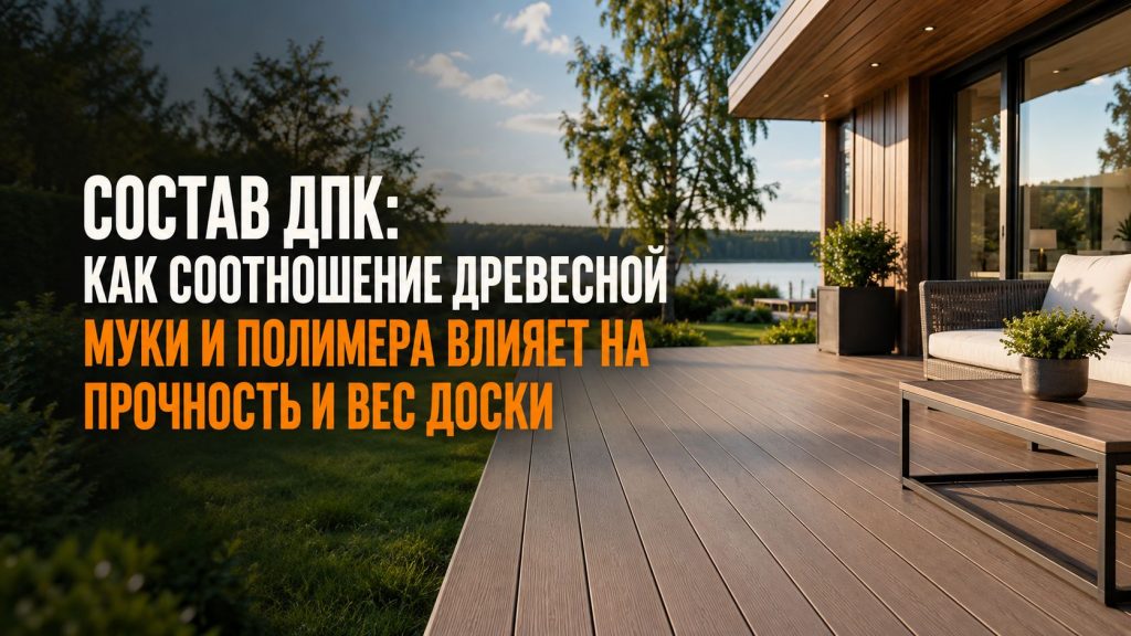 Крупный план среза террасной доски ДПК с видимой структурой древесных волокон в полимерной матрице