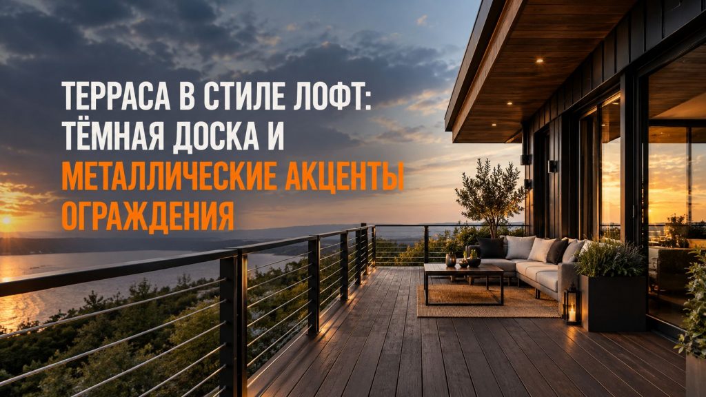 Терраса в стиле лофт с тёмной террасной доской и металлическим ограждением из чёрного профиля