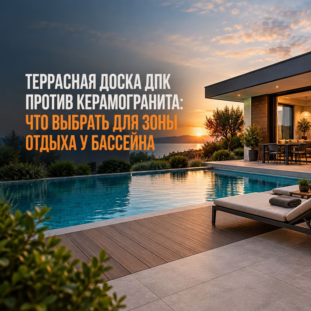Терраса из ДПК-доски у бассейна с рифлёной поверхностью и шезлонгами на заднем плане