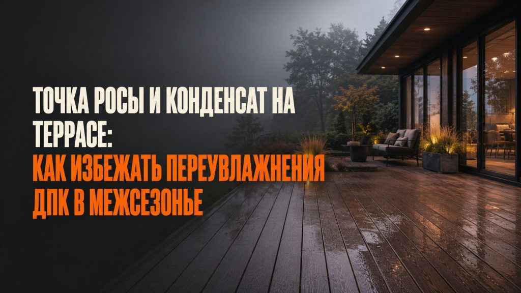 Открытая терраса с коричневым ДПК-настилом и деревянными перилами на фоне осеннего сада