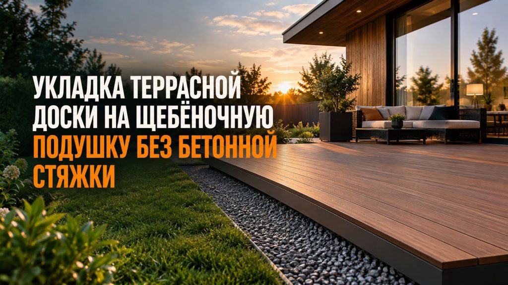 Подготовленная щебёночная подушка с геотекстилем и установленными лагами на регулируемых опорах перед укладкой террасной доски
