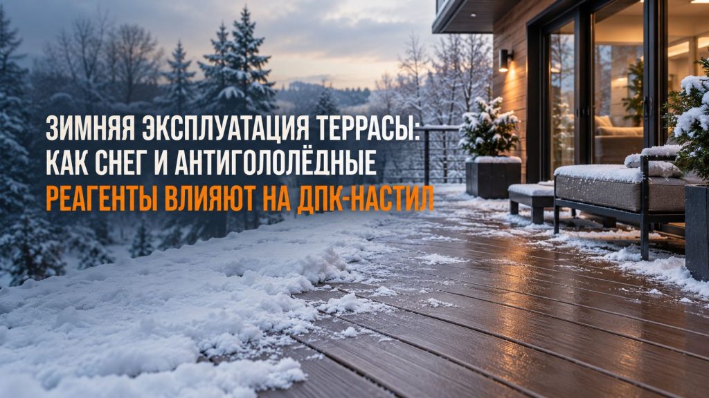 Террасная доска ДПК зимой под снегом с видимыми дренажными зазорами