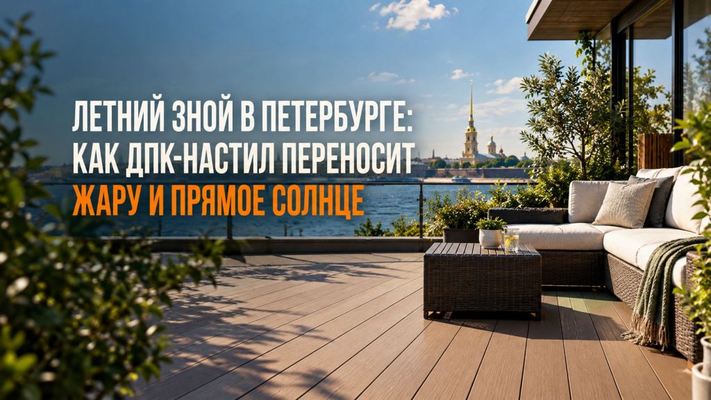 Терраса из ДПК-доски на солнечной стороне дома летом